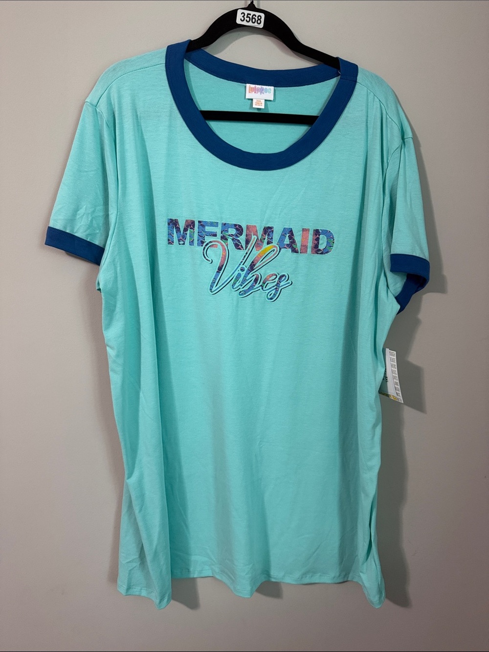 LuLaRoe Aqua Ringer Tee with Navy Trim - "Mermaid Vibes"